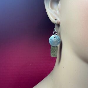 Gold and silver circle & rectangle shape dangle earrings. 2” long
